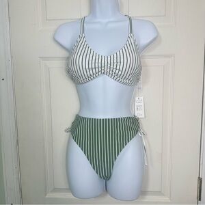 CUPSHE Bikini Back Braided Size Large, Green Vertical Stripes reversible bottoms